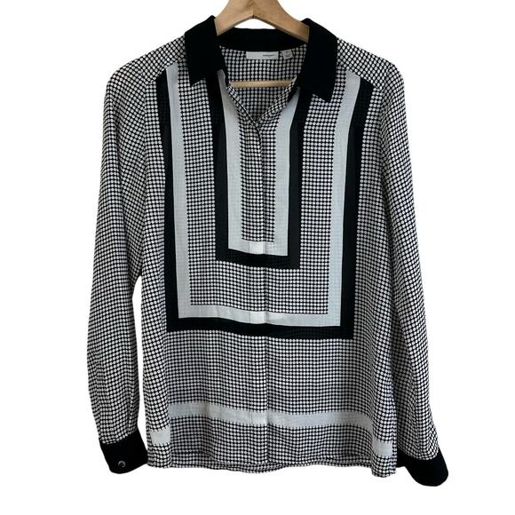 Halogen Black White Semi Sheer Button Down Top Geometric Print Dot Blouse XS - Picture 1 of 9
